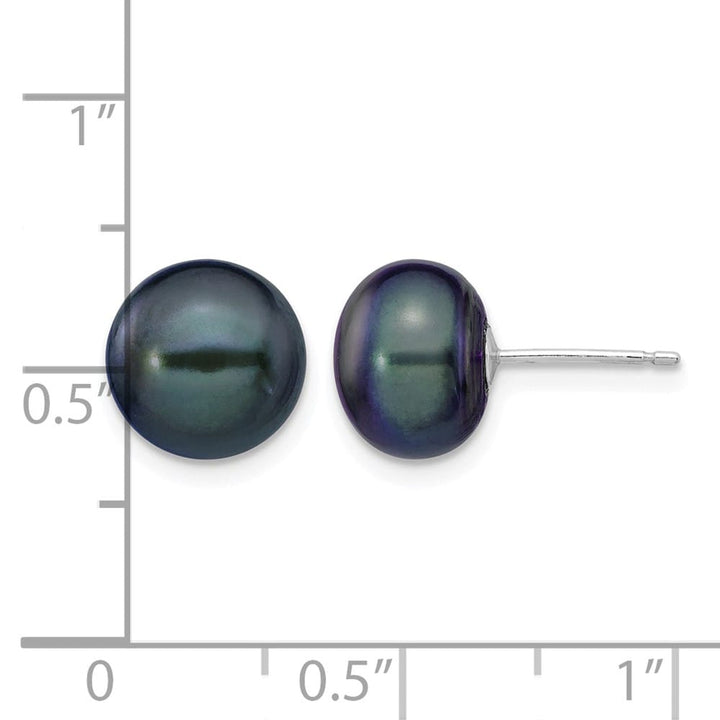 14K White Gold 9-10mm Black Button Freshwater Pearl Stud Post Earrings