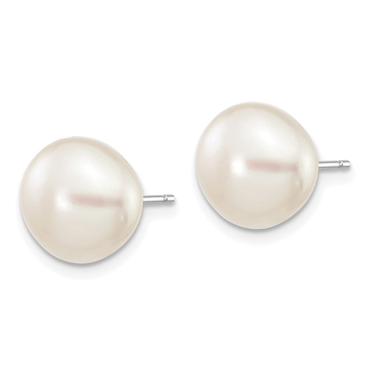 14K White Gold 9-10mm White Button Freshwater Pearl Stud Post Earrings