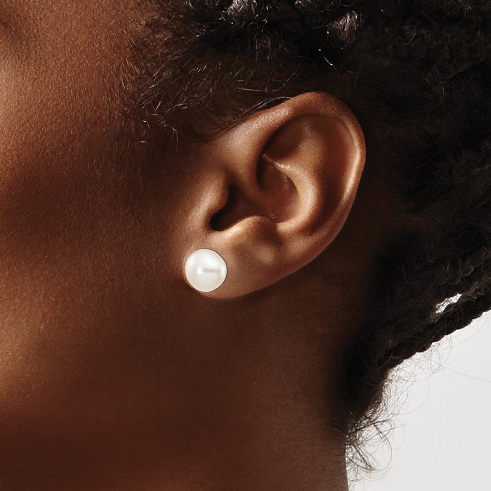 14K White Gold 9-10mm White Button Freshwater Pearl Stud Post Earrings