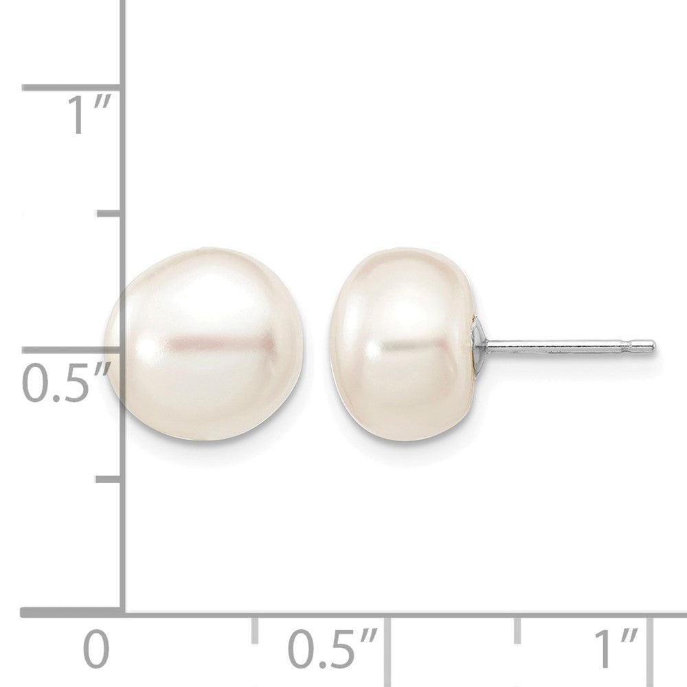 14K White Gold 9-10mm White Button Freshwater Pearl Stud Post Earrings