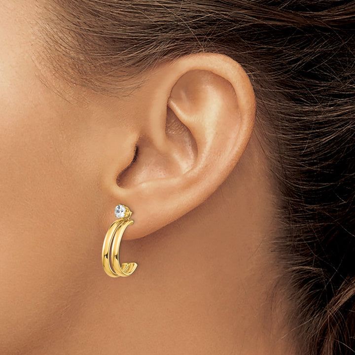 14K Yellow Gold Polished J-Hoop Jackets 4mm C.Z Stud Earrings