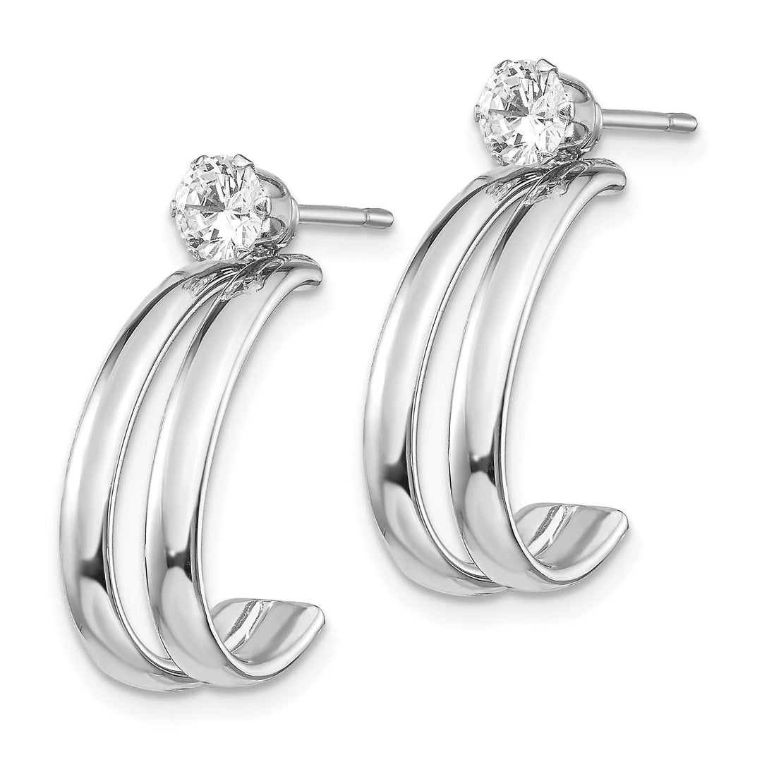 14K White Gold Polished J-Hoop Jackets C.Z 4mm Stud Earrings