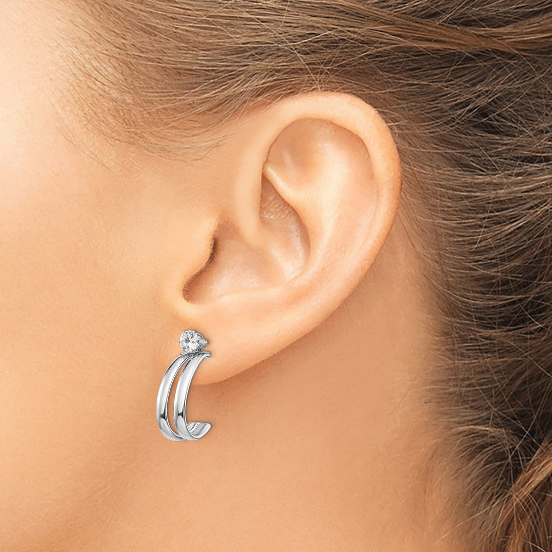14K White Gold Polished J-Hoop Jackets C.Z 4mm Stud Earrings