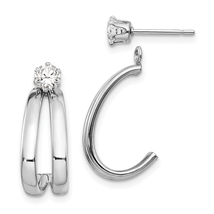 14K White Gold Polished J-Hoop Jackets C.Z 4mm Stud Earrings