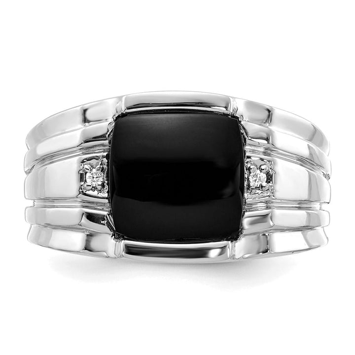14k White Gold Cushion Onyx and I1 Diamond Men's Ring