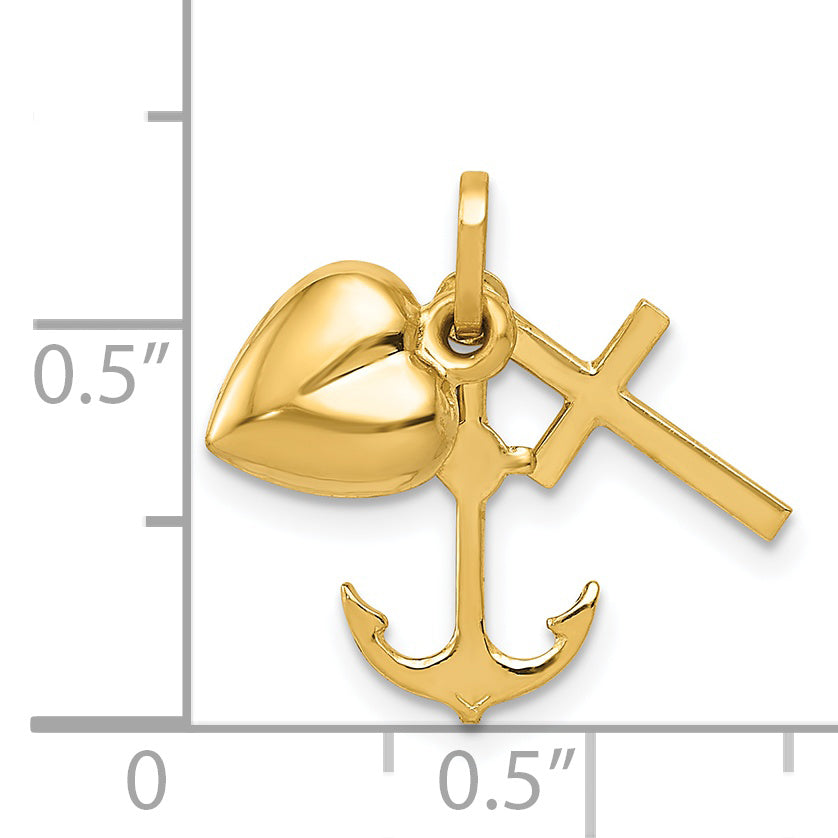 14k Yellow Gold Faith, Hope & Charity Heart Cross Anchor Pendant