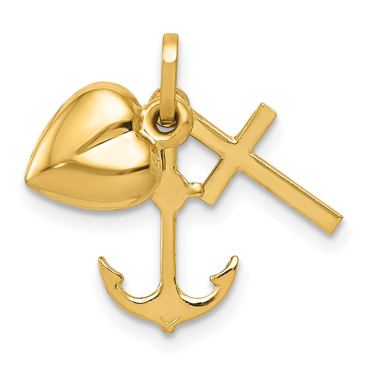 14k Yellow Gold Faith, Hope & Charity Heart Cross Anchor Pendant