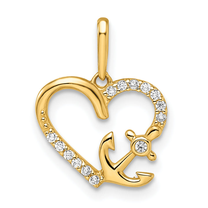 14k Yellow Gold C.Z Heart with Anchor Pendant