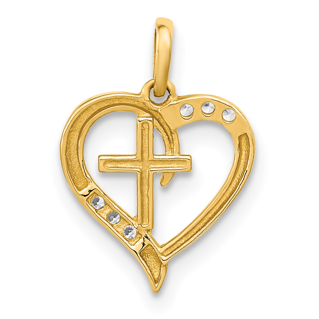 14k Yellow Gold Polished Open Heart with Cross C.Z Pendant