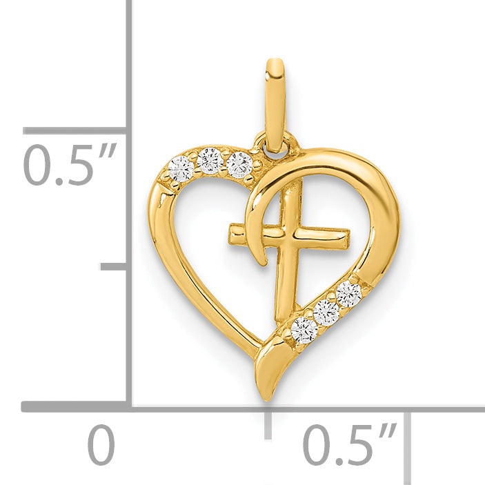 14k Yellow Gold Polished Open Heart with Cross C.Z Pendant