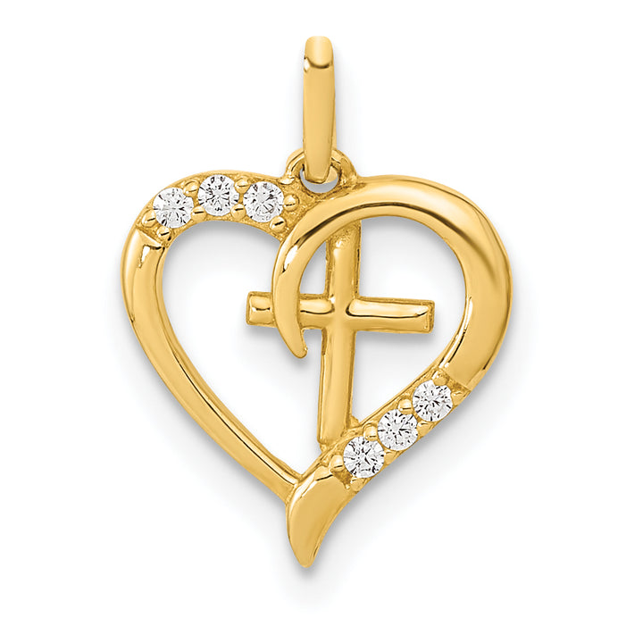 14k Yellow Gold Polished Open Heart with Cross C.Z Pendant