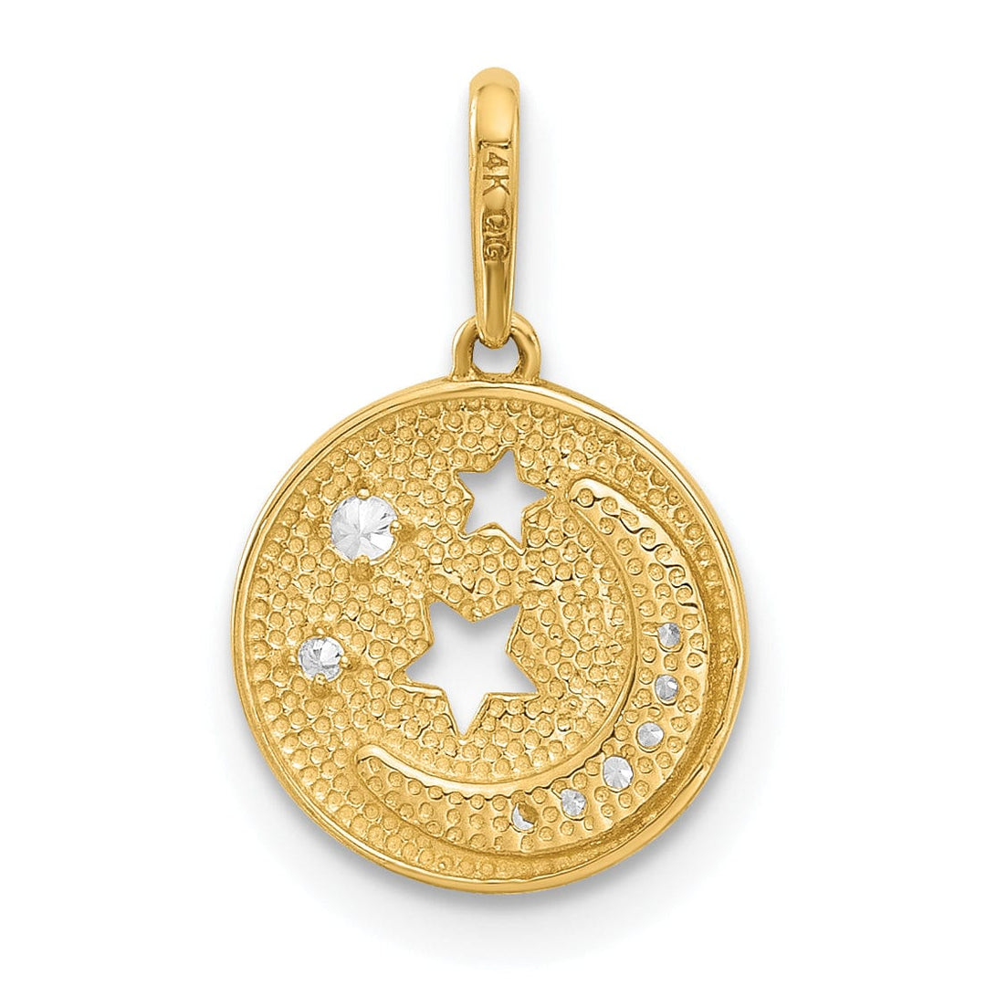 14k Yellow Gold  C.Z Moon and Stars in Disc Design Pendant