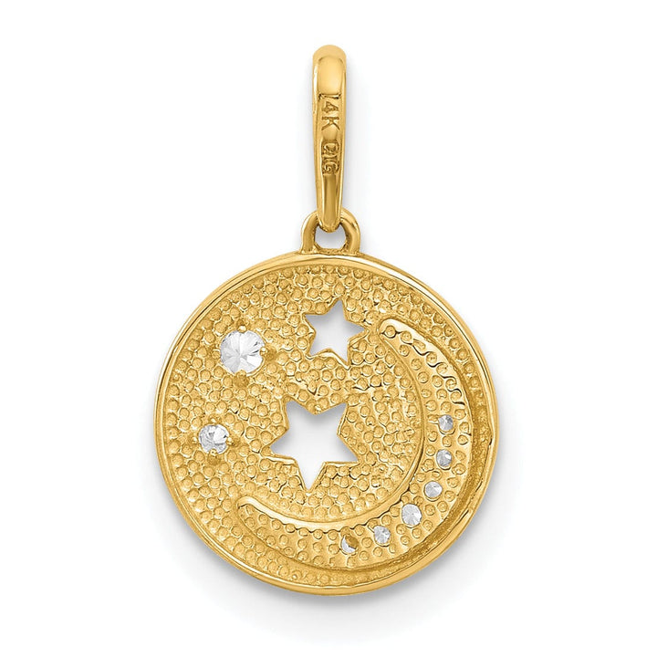 14k Yellow Gold  C.Z Moon and Stars in Disc Design Pendant