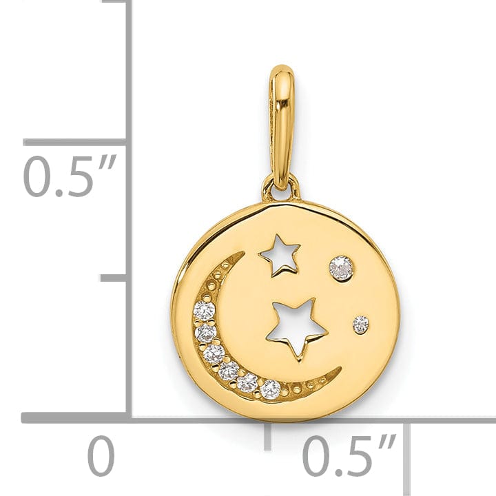 14k Yellow Gold  C.Z Moon and Stars in Disc Design Pendant