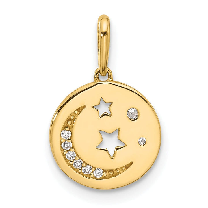 14k Yellow Gold  C.Z Moon and Stars in Disc Design Pendant