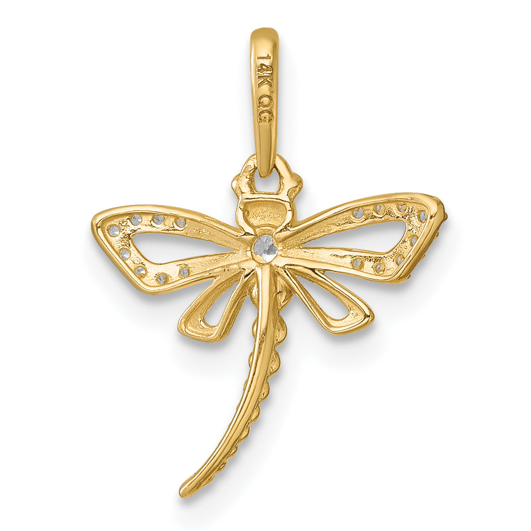 14k Yellow Gold Polished Beaded C.Z Dragonfly Charm Pendant