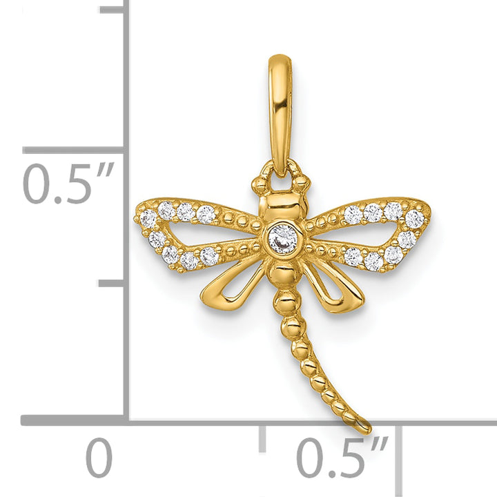 14k Yellow Gold Polished Beaded C.Z Dragonfly Charm Pendant