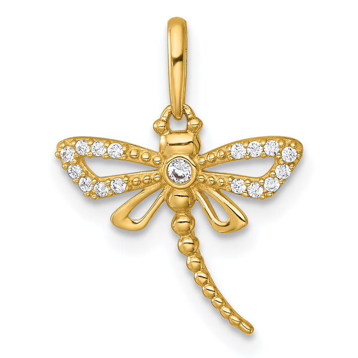 14k Yellow Gold Polished Beaded C.Z Dragonfly Charm Pendant
