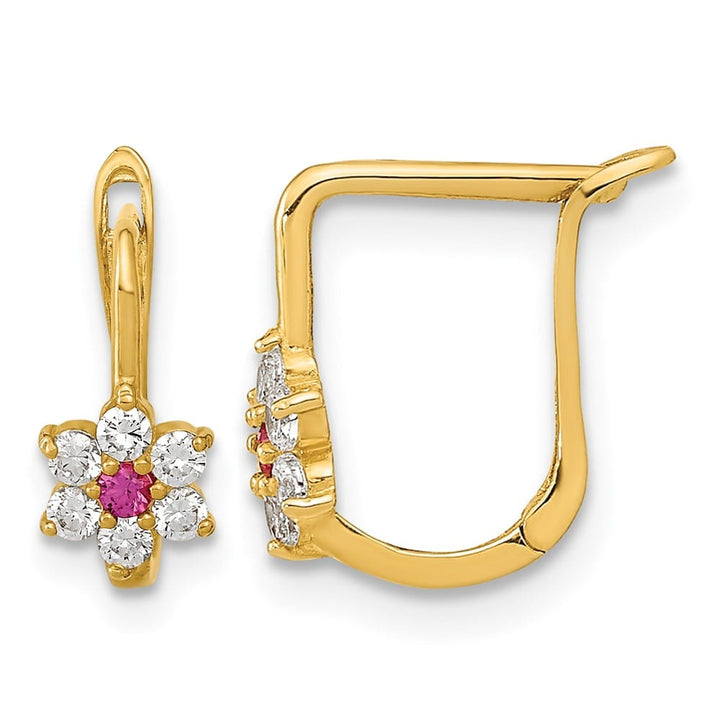 14K Yellow Gold Polished Red and White CZ Flower Hoop Earrings, view 1 of 4
