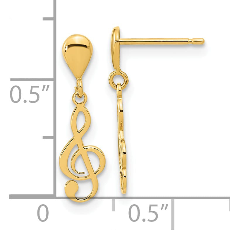 14K Yellow Gold Polished Treble Clef Dangle Post Earrings