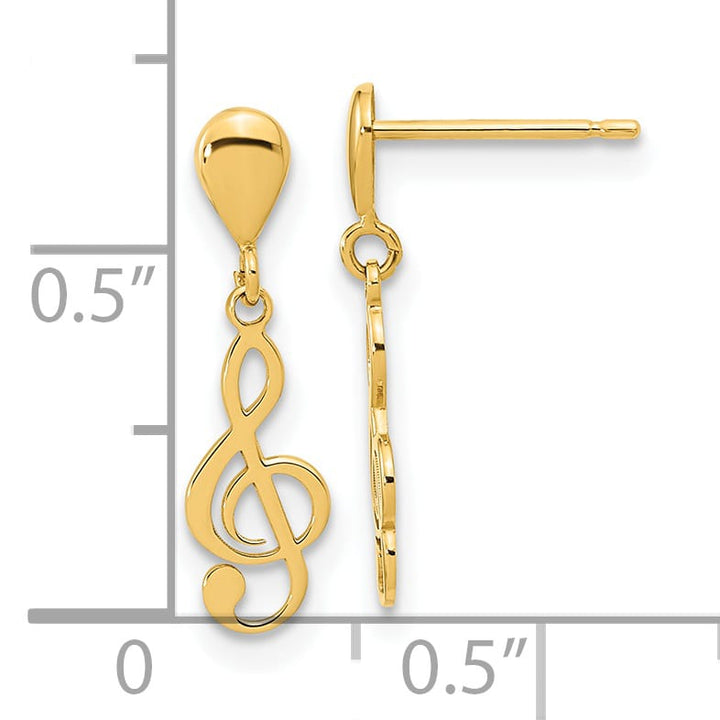 14K Yellow Gold Polished Treble Clef Dangle Post Earrings