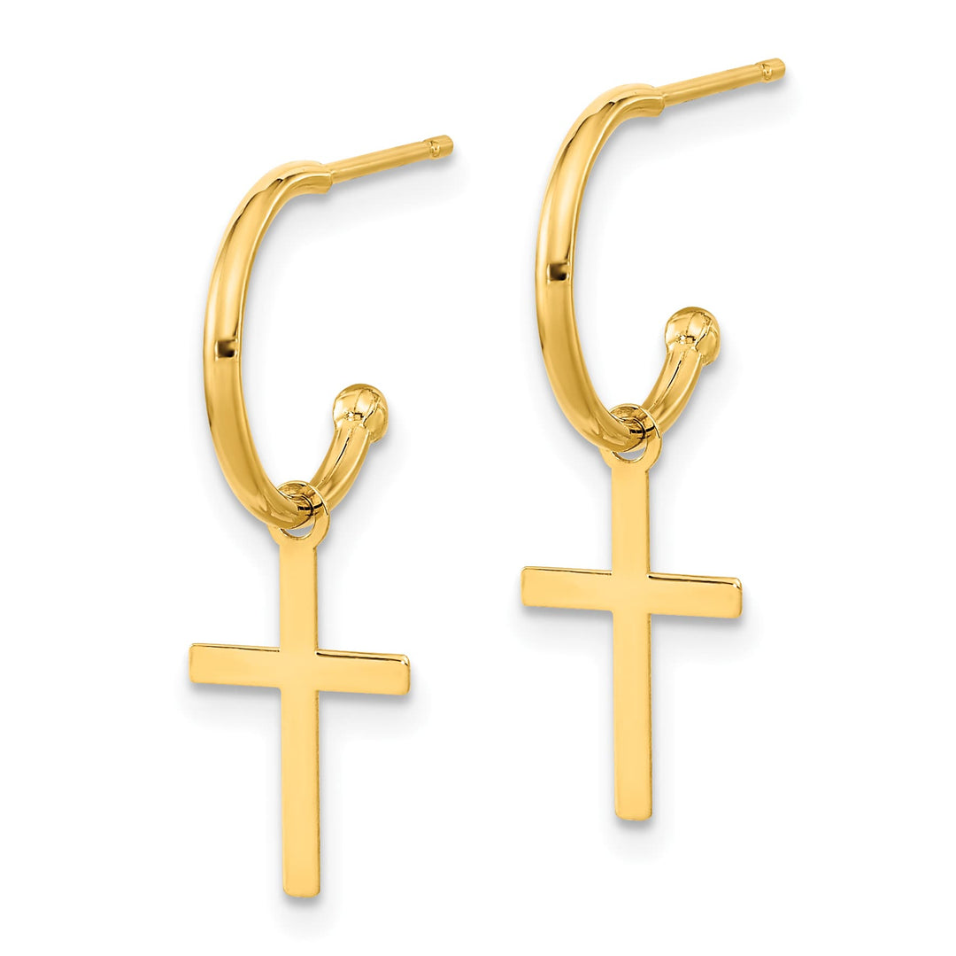 14K Yellow Gold Polished Cross Dangle C-Hoop Earrings