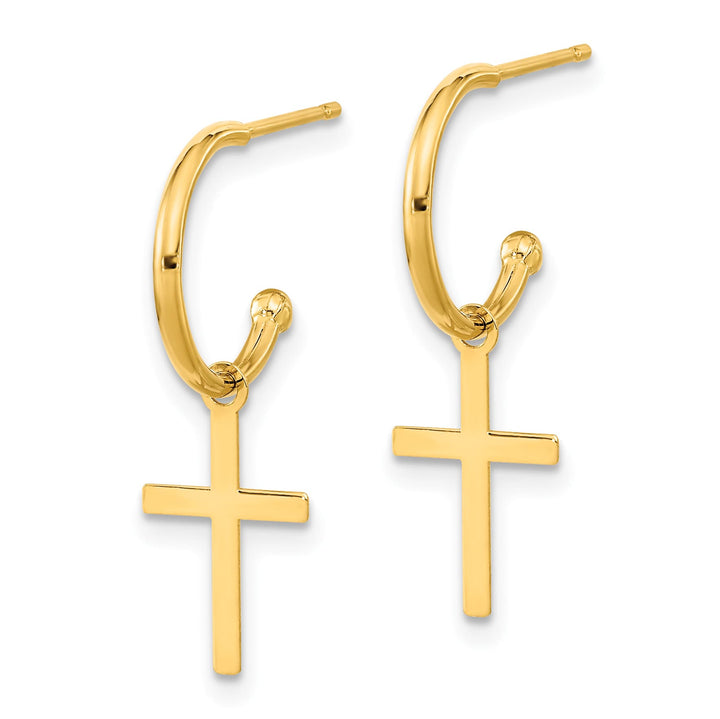 14K Yellow Gold Polished Cross Dangle C-Hoop Earrings