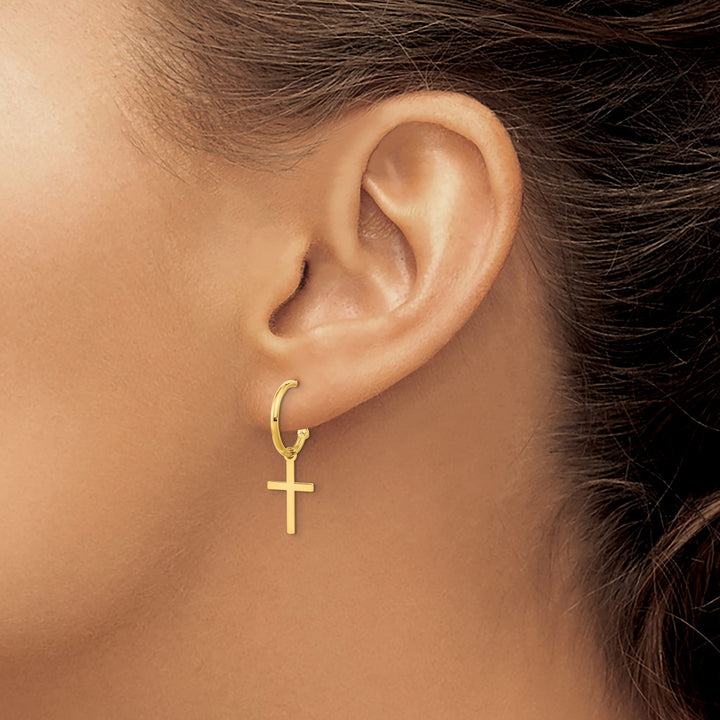 14K Yellow Gold Polished Cross Dangle C-Hoop Earrings