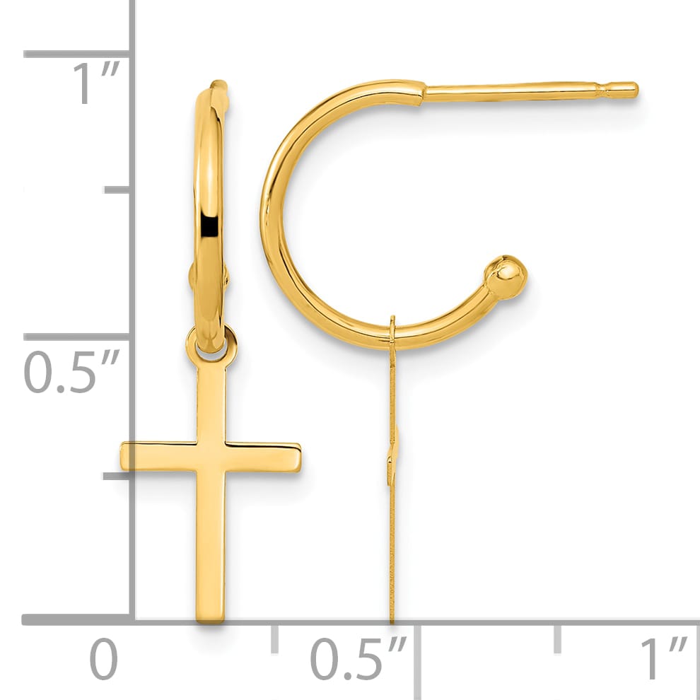 14K Yellow Gold Polished Cross Dangle C-Hoop Earrings