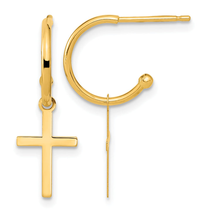14K Yellow Gold Polished Cross Dangle C-Hoop Earrings