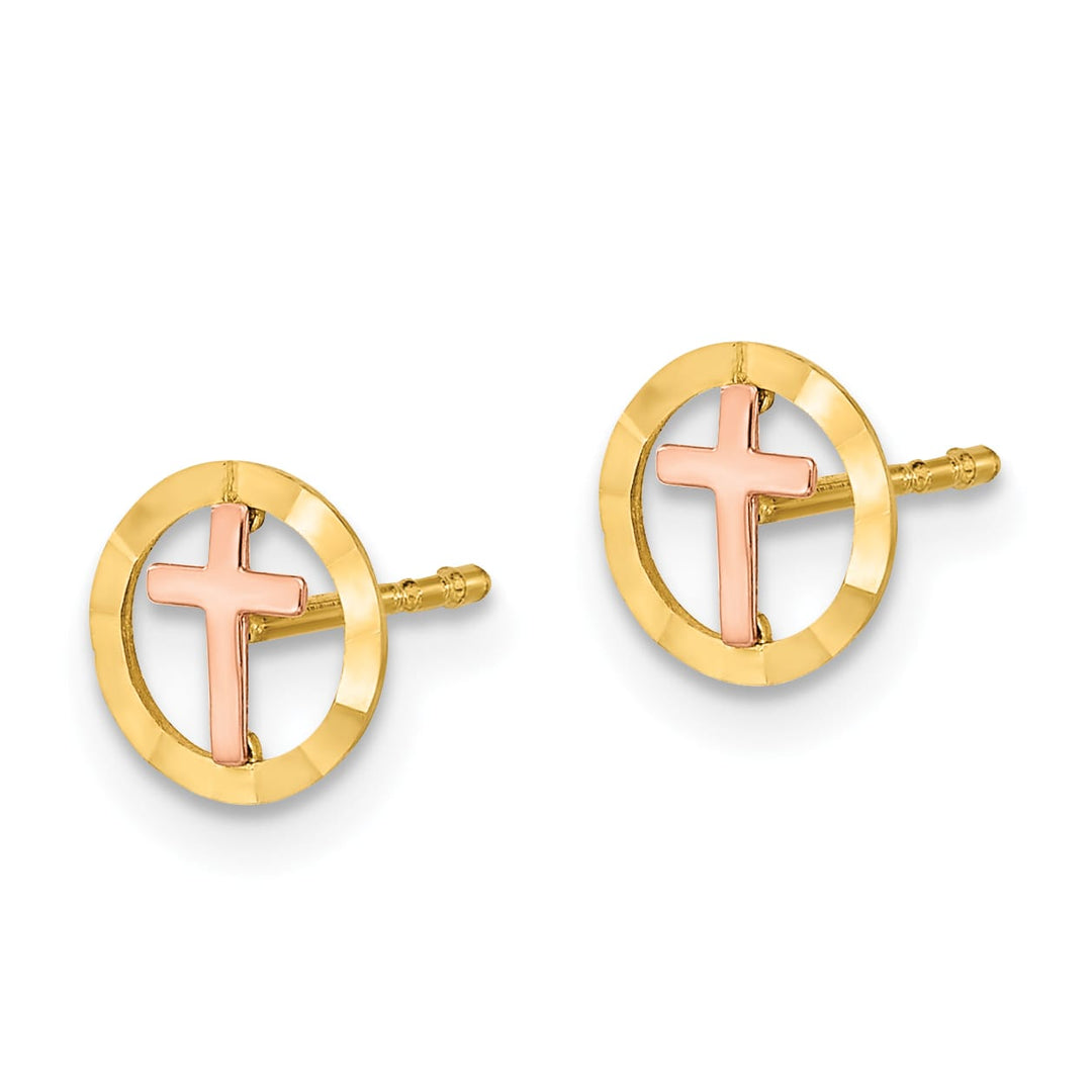 14K Two-Tone Gold Circle with Cross Post Earrings