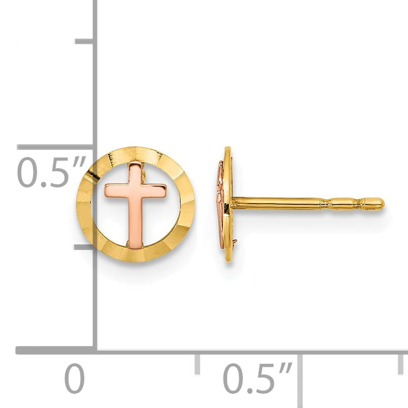 14K Two-Tone Gold Circle with Cross Post Earrings
