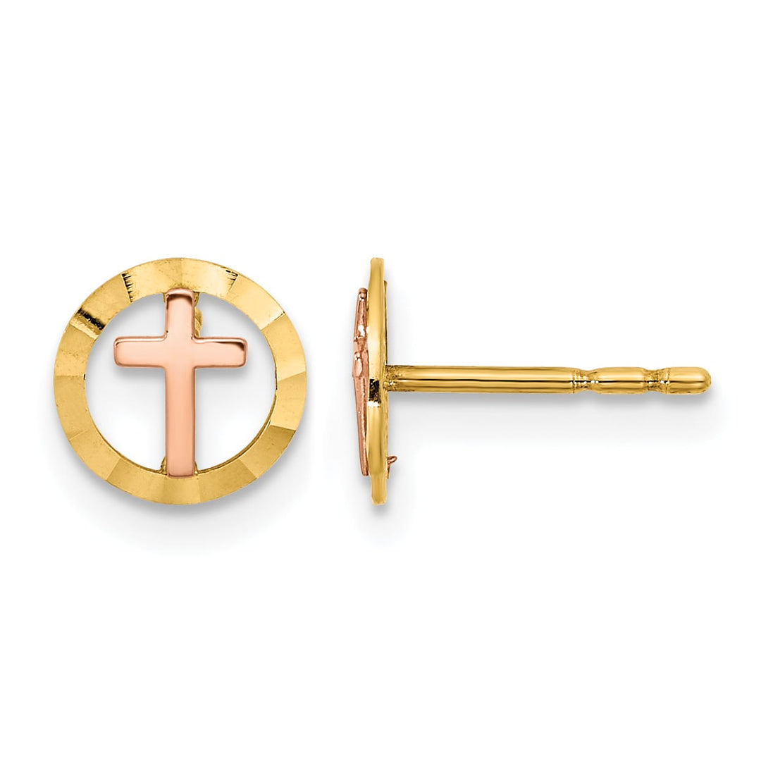 14K Two-Tone Gold Circle with Cross Post Earrings