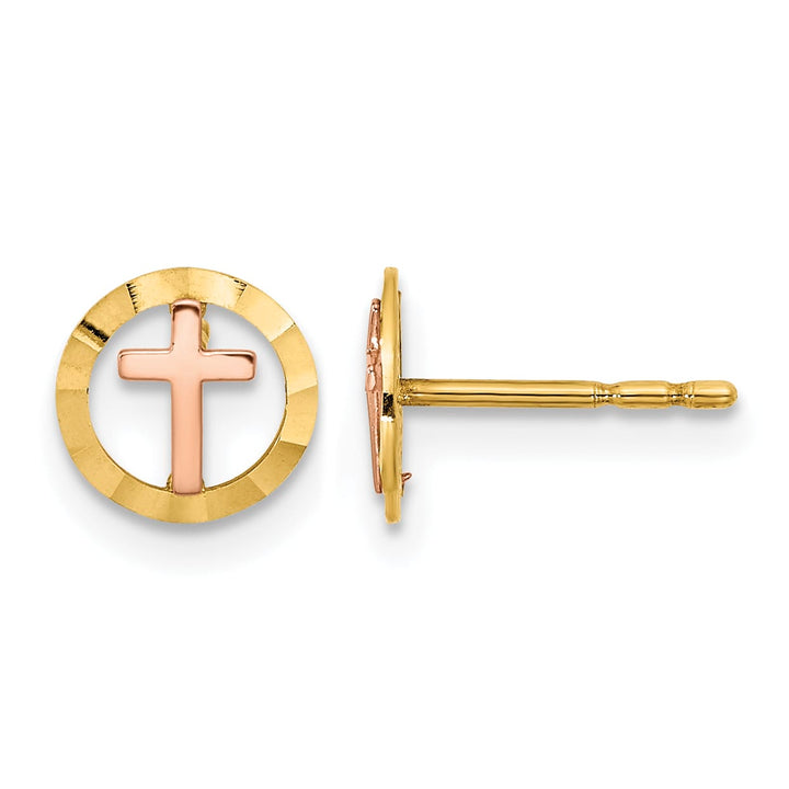 14K Two-Tone Gold Circle with Cross Post Earrings