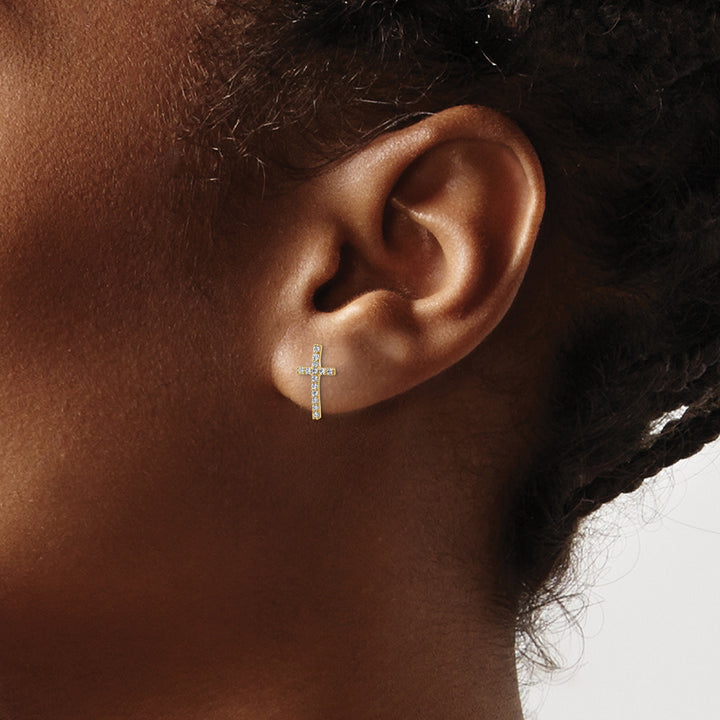 14K Yellow Gold CZ Cross Post Earrings