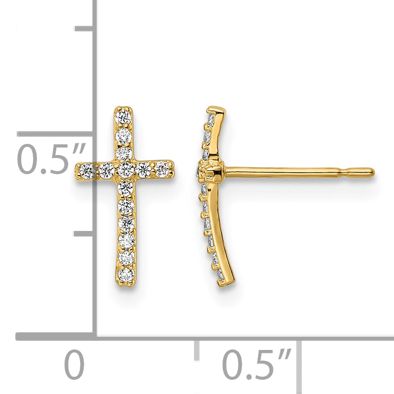 14K Yellow Gold CZ Cross Post Earrings