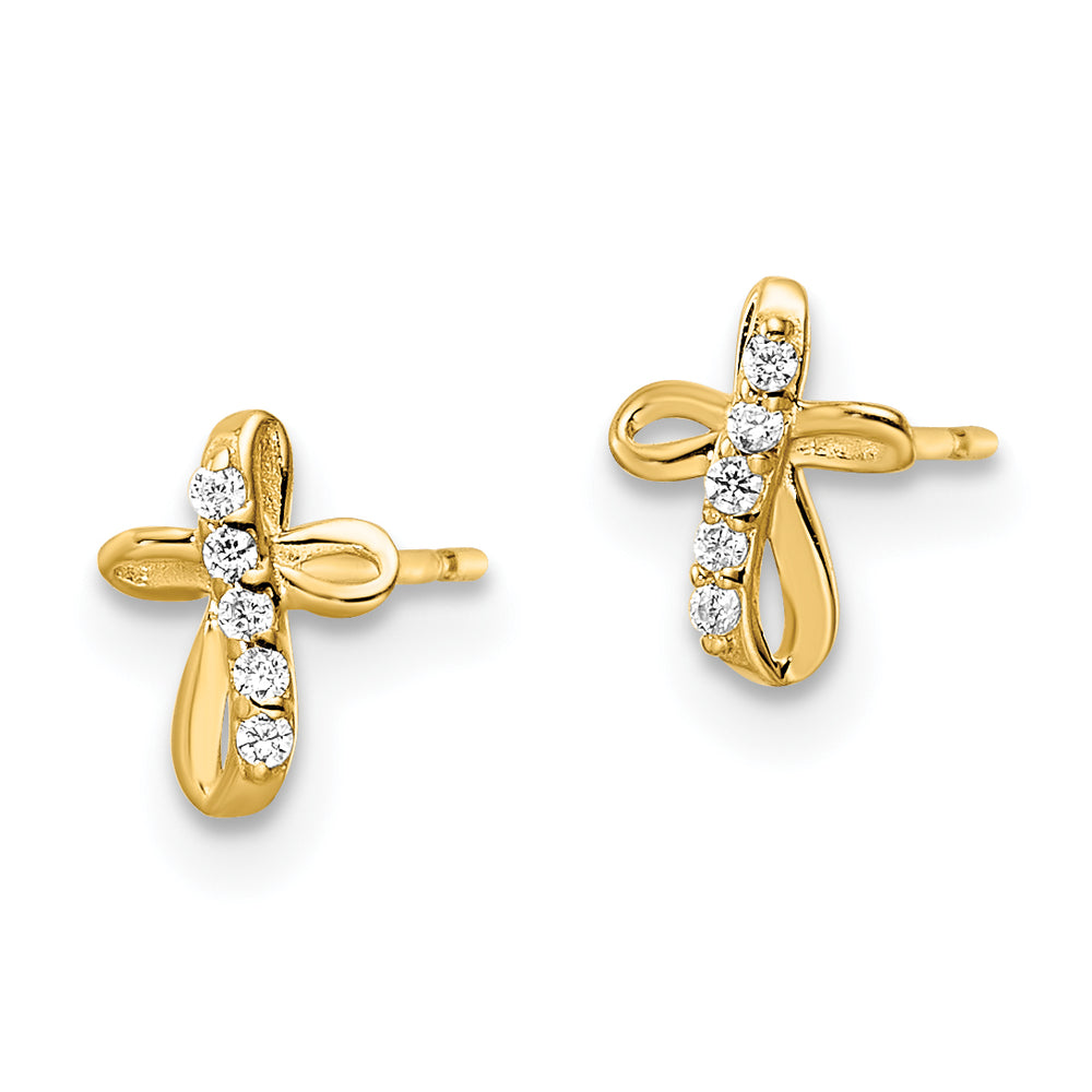 14K Yellow Gold Mini CZ Cross Post Earrings