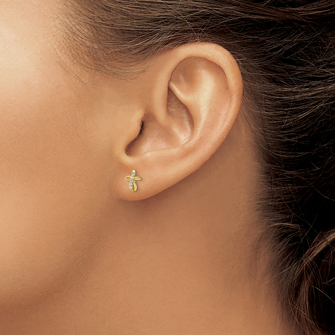 14K Yellow Gold Mini CZ Cross Post Earrings