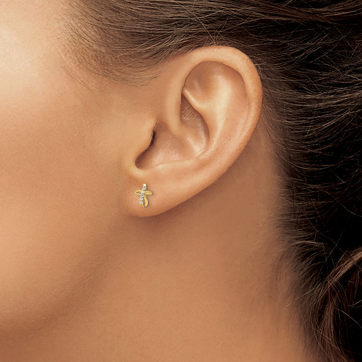 14K Yellow Gold Mini CZ Cross Post Earrings