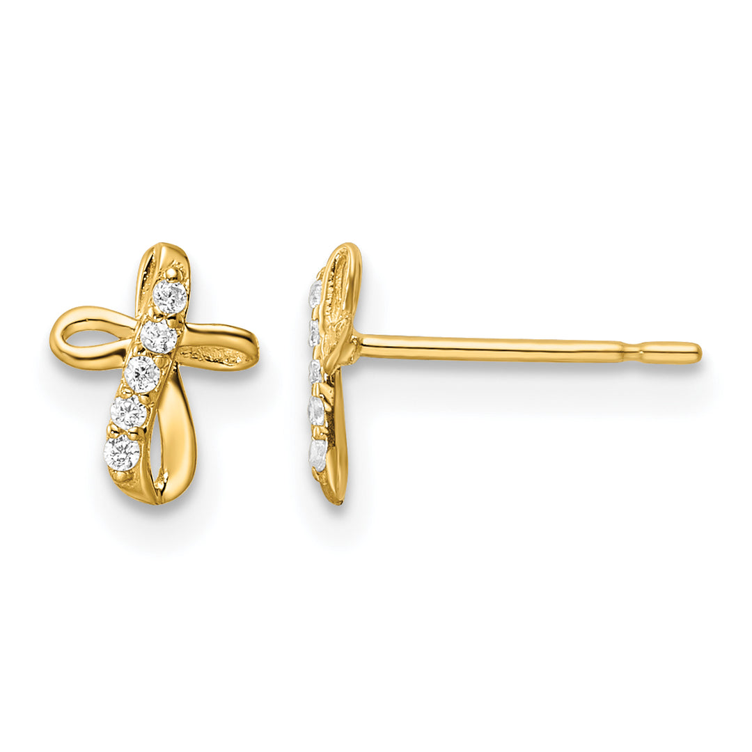14K Yellow Gold Mini CZ Cross Post Earrings