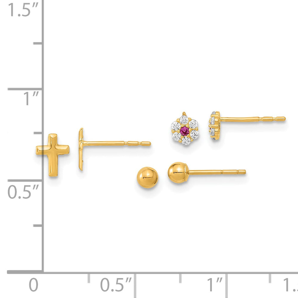 14K Yellow Gold 3mm Ball/CZ Flowers/Cross 3-Pair Post Earring Set
