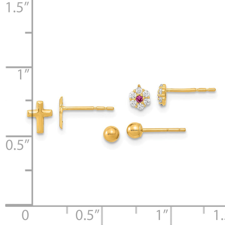14K Yellow Gold 3mm Ball/CZ Flowers/Cross 3-Pair Post Earring Set