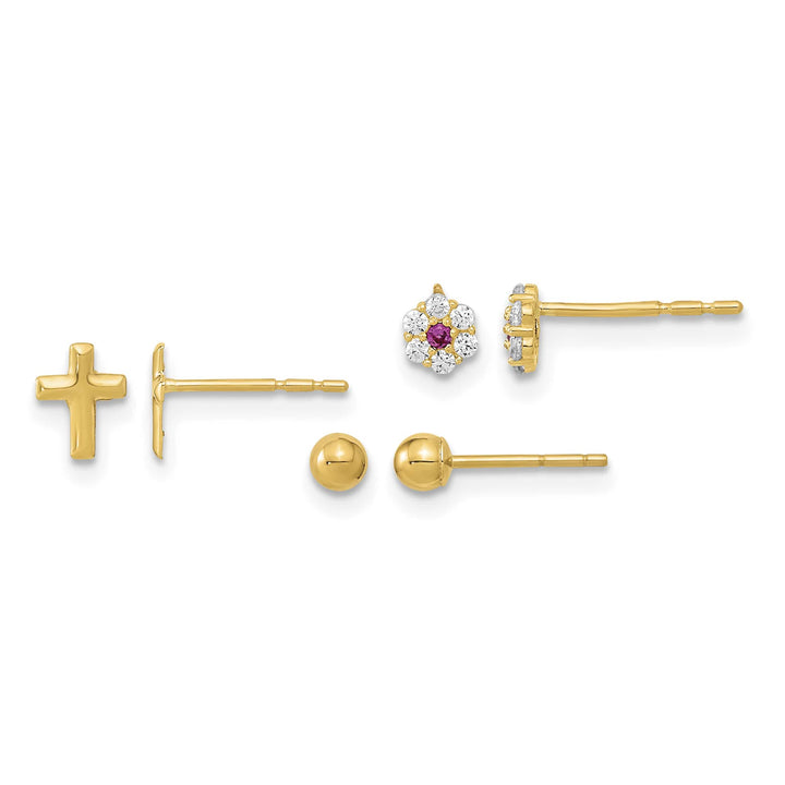 14K Yellow Gold 3mm Ball/CZ Flowers/Cross 3-Pair Post Earring Set