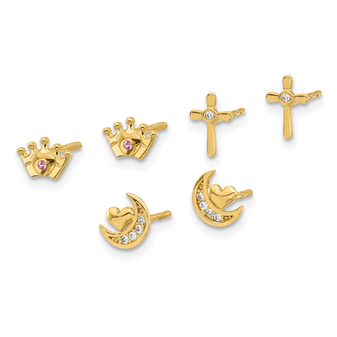 14K Yellow Gold CZ Moon/Cross/Crown 3-Pair Post Earring Set