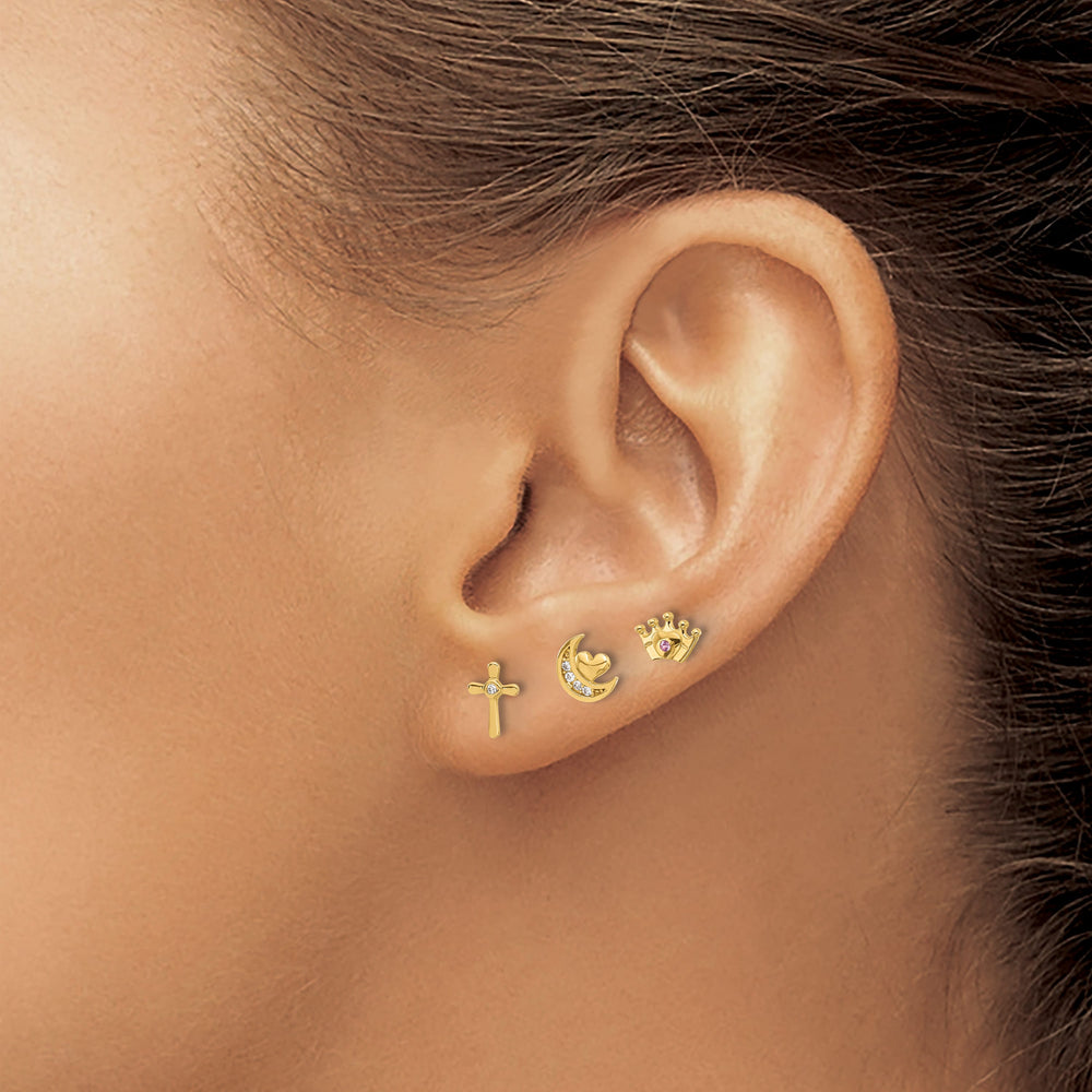 14K Yellow Gold CZ Moon/Cross/Crown 3-Pair Post Earring Set