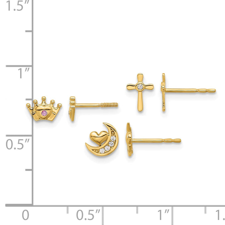14K Yellow Gold CZ Moon/Cross/Crown 3-Pair Post Earring Set