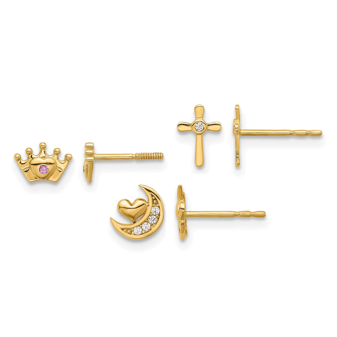 14K Yellow Gold CZ Moon/Cross/Crown 3-Pair Post Earring Set
