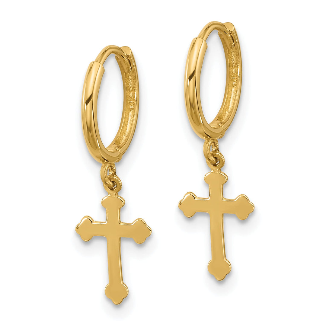 14K Yellow Gold Cross Dangle Hinged Hoop Earrings