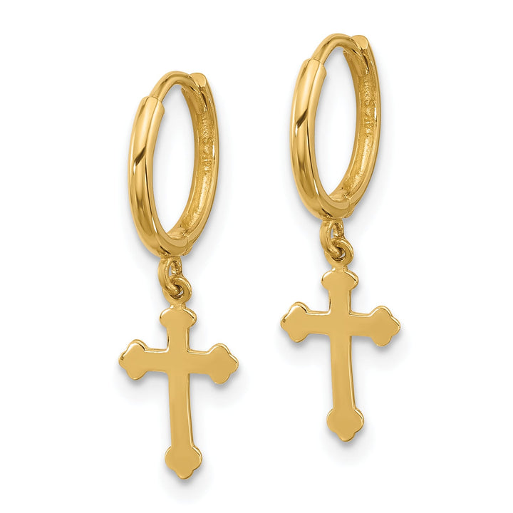14K Yellow Gold Cross Dangle Hinged Hoop Earrings