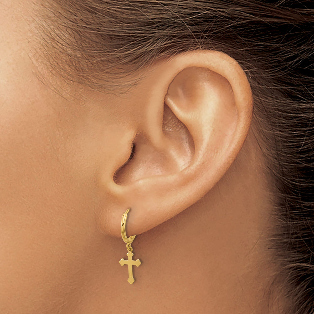 14K Yellow Gold Cross Dangle Hinged Hoop Earrings